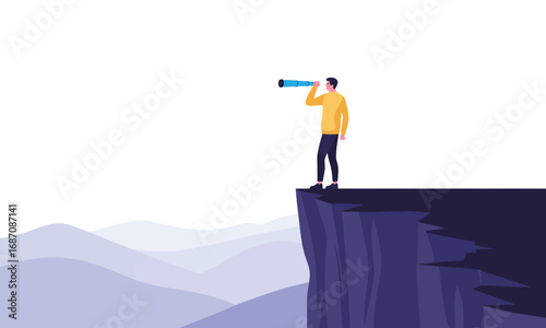 Illustration of person with telescope on cliff edge, symbolizing foresight, exploration, and seeking new opportunities in life or career