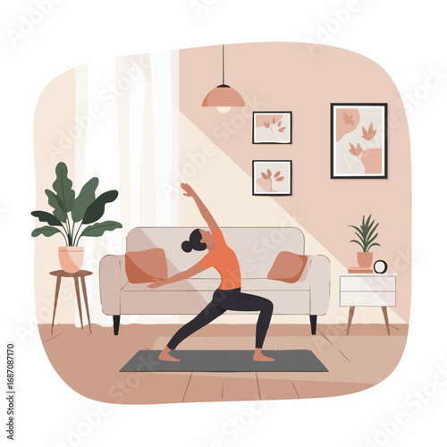 A young woman gracefully practices yoga in a serene and sunlit living room, finding peace and balance during her home fitness routine