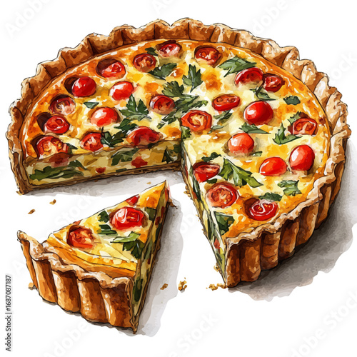 Quiche, watercolor illustration vector, isolated on a white background.