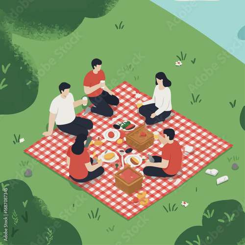 A group of young friends gathering for a joyful outdoor picnic on a lush green lawn, sharing food and conversation