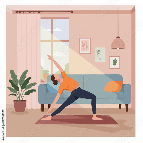 Woman practicing a yoga pose in a sunlit living room, embracing a healthy lifestyle with a mindful home workout for wellness and balance