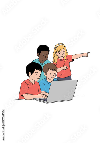 Enthusiastic children collaborate on laptop for school project, fostering teamwork and digital literacy skills