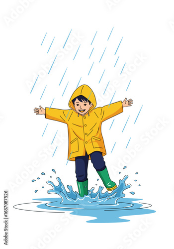Joyful young child splashing in puddles during a refreshing rain shower, wearing bright yellow raincoat