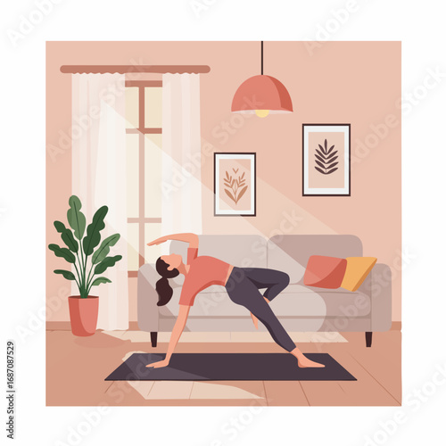 Woman practicing yoga in a sunlit living room, promoting wellness and healthy lifestyle