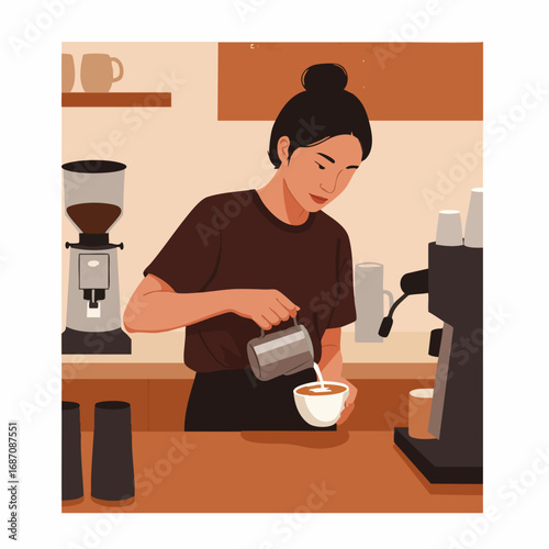 Flat illustration of a barista making latte art with a coffee machine and grinder in a cafe
