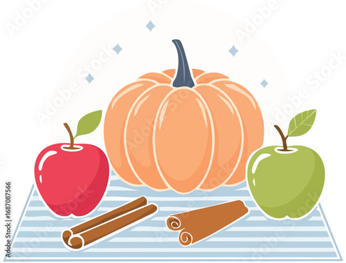 An autumn still life with a pumpkin, red and green apples, and cinnamon sticks. A warm vector illustration for fall harvest, Thanksgiving, and seasonal decor. Generative AI