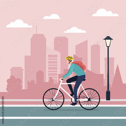 Cyclist with a helmet and backpack riding a bike on a city street with a modern skyline. Sustainable urban transport illustration