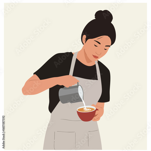 Skilled female barista carefully crafts a creamy latte, pouring steamed milk into a ceramic cup to create intricate art, a dedicated professional perfecting her craft