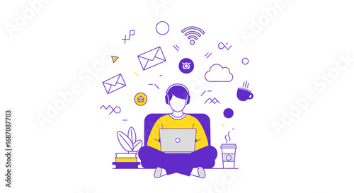 Illustration depicting a person working from home with digital connectivity