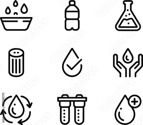 Collection of Water Related Icons Depicting Water Sources, Filtration, Conservation, and Potability for Various Informational Purposes Regarding Liquid Resources