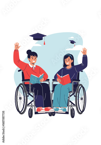 Happy students in wheelchairs celebrating graduation with books and graduation caps in the sky