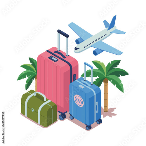 Illustration of colorful luggage, palm trees, and airplane in flight, symbolizing tropical vacation, travel planning, and tourism