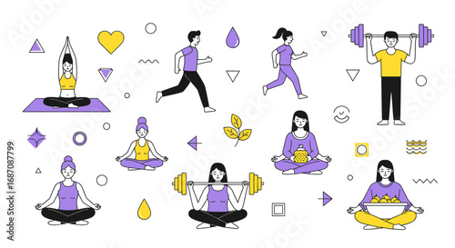 Diverse fitness routines depicted with yoga meditation running and weightlifting