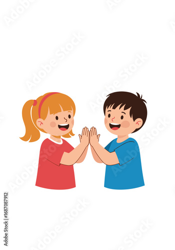 Joyful cartoon kids high-fiving showing friendship and teamwork during playtime fun