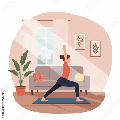 Young woman in warrior pose enjoying a peaceful morning yoga session in a sunlit, cozy living room