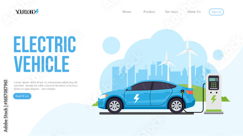 Landing Page Website banner Electric Car Charging at Renewable Energy Station, Eco Transport Illustration