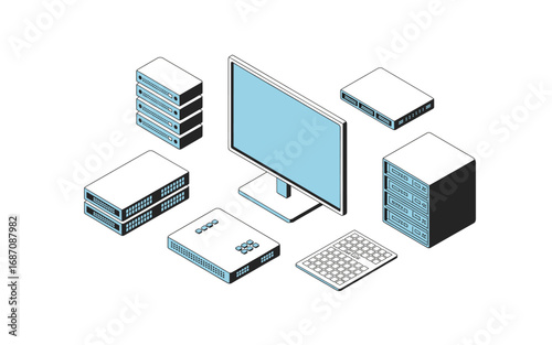 Isometric Network Infrastructure: Monitor, Servers, Keyboard, and Network Devices in White and Light Blue, Representing Network System and Modern Connectivity