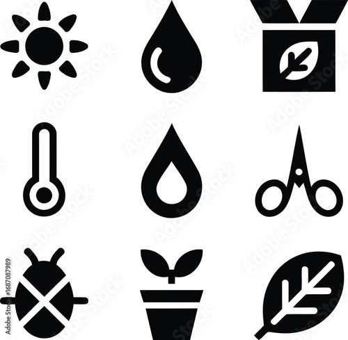 Collection of Gardening Icons for Eco Friendly and Sustainable Practices Depicting Essential Elements for Plant Care and Environmental Consciousness Promotion