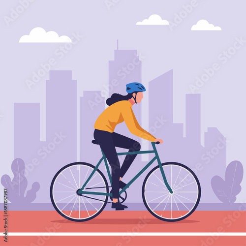Female cyclist in a safety helmet rides a bicycle on an urban path. Concept of a healthy lifestyle, eco-friendly transportation, and city commuting
