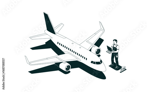 Isometric Airplane Inspection: Engineer with Laptop Performs Aircraft Maintenance and Diagnostics Using Advanced Technology in a Modern Aviation Environment.