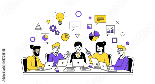 Diverse professionals collaborating at a meeting, generating innovative ideas