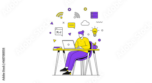 Creative professional working remotely from home with modern technology icons