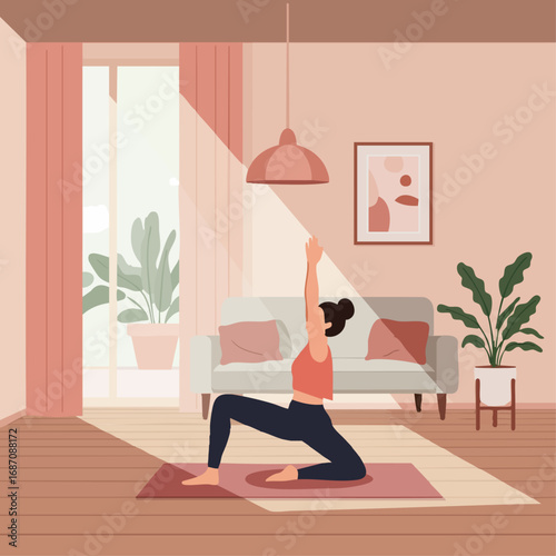 Mindful living at home with a woman practicing asana on a mat, finding balance and tranquility in her peaceful, sunlit apartment