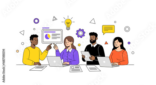 Illustrated Diverse Team Collaboration Session Generating Innovative Ideas and