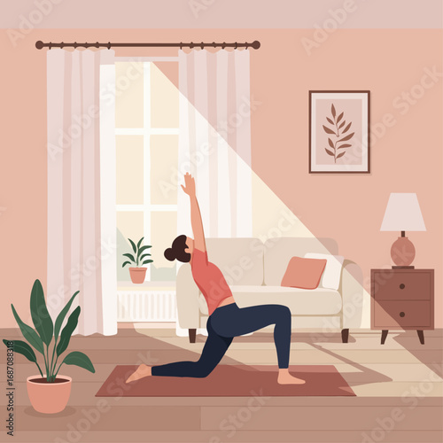 Woman Practicing Yoga in a Cozy Living Room Illustration