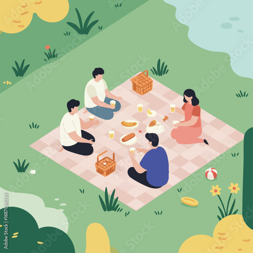 A diverse group of young friends enjoying a relaxing summer picnic in the park, celebrating togetherness and leisure time outdoors