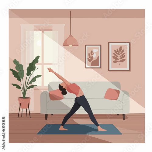 Concept of a healthy lifestyle with a woman practicing a side bend yoga pose in a cozy, sunlit living room for wellness and balance