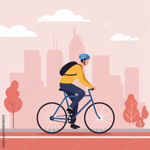 Vector illustration of a man riding a bicycle on a bike path. Urban commuter with helmet and backpack against a pink city skyline backdrop