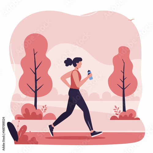 Illustration of a young woman jogging in a park, maintaining a healthy and active lifestyle with outdoor cardio exercise