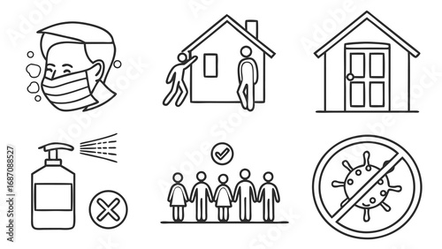 Illustrations depicting measures to prevent the spread of viruses and maintain health.