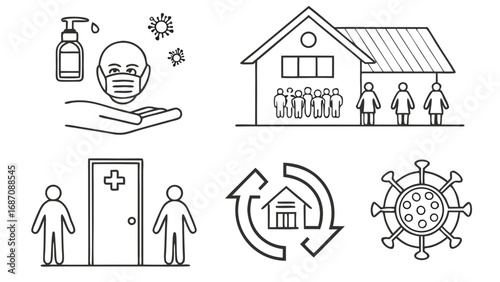Coronavirus prevention and safety measures line art icons.