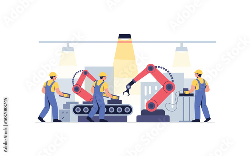 Factory Automation with Robotic Arms and Workers, Manufacturing Industry Concept, Modern Production Line with Human and Technology Synergy and Innovation, Vector Illustration.