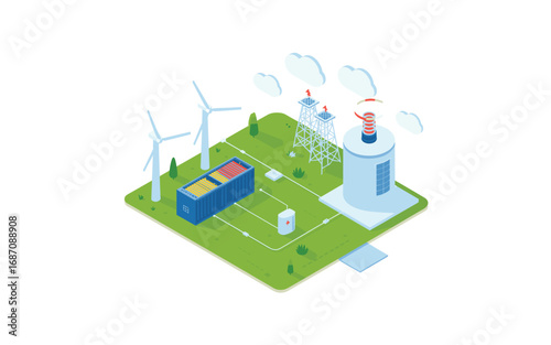 Isometric Illustration of Sustainable Energy: Wind Turbines, Solar Panels, Battery Storage, and Advanced Power Plant for Future Power Generation and Distribution