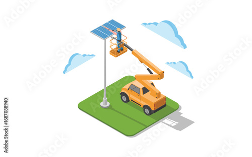 Isometric Solar Panel Installation: Technician on Cherry Picker Installing Photovoltaic Panels for Renewable Energy, Clean Power, and Sustainable Technology Under Cloudy Skies.
