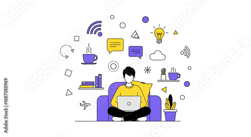 Conceptual illustration depicting remote work and digital nomad lifestyle scenes