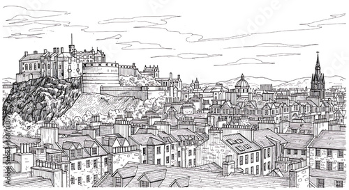 Classic view of Edinburgh, Scotland, from Calton Hill. A detailed hand-drawn black and white sketch of the historic UK capital city.