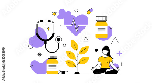 Holistic healthcare conceptual illustration combining medicine and meditation