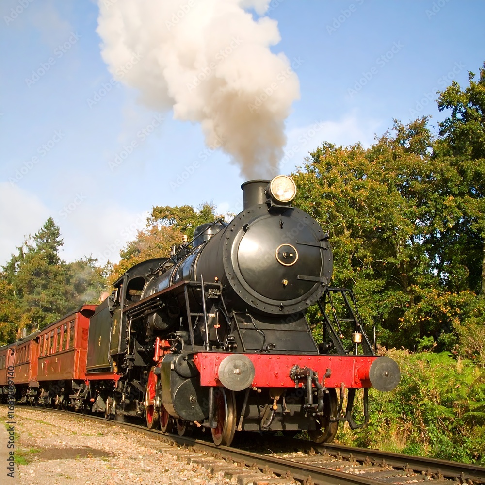 Naklejka premium Vintage steam train locomotive, autumn landscape