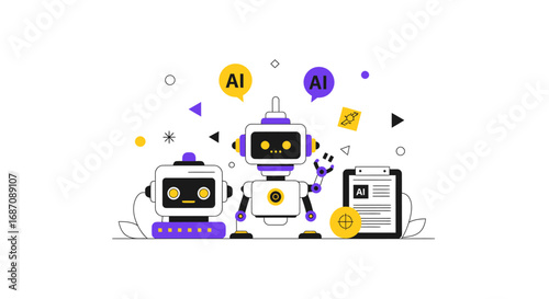 Friendly robots engaging in discussions about artificial intelligence progress