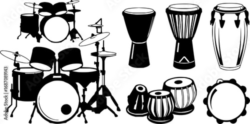 Collection of Black and White Drum Illustrations Representing Musical Instruments