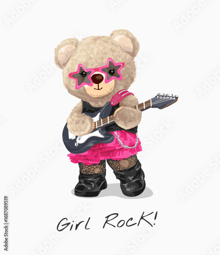 cute girl bear doll with guitar vector illustration - drawn by hand