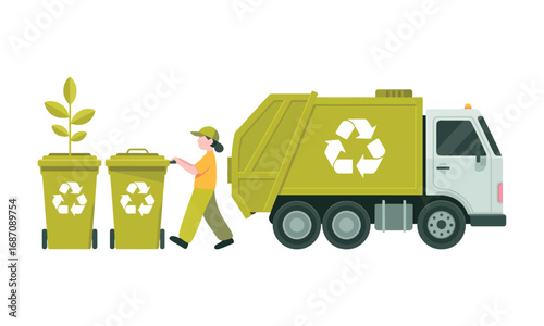 Illustration of person pushing recycling bin toward green truck with plant and symbols, promoting sustainability and eco-friendly practices