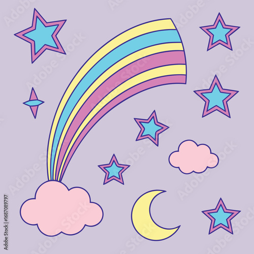Whimsical Dreamscape A Pastel Rainbow with Stars Clouds and Crescent Moon Design Evoking Fantasy Magic and Childlike Wonder for Art Prints Wallpapers and Creative Projects