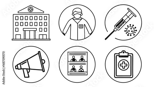Healthcare and medical icons representing hospital doctor vaccine and related elements.