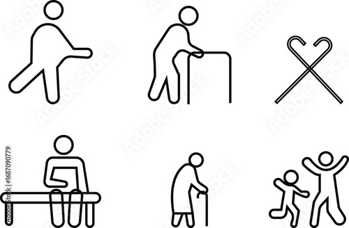 Age Friendly Icon set , Featuring Elderly Care, Senior Support, Accessibility, Inclusivity, Health, Wellness, Walking Stick, Family, and Community Symbols in Modern Vector Style, logo, badge, sign,