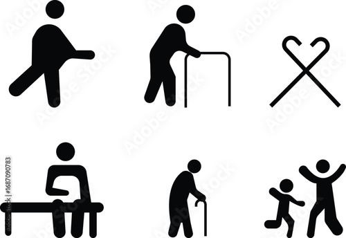 Age Friendly Icon set , Featuring Elderly Care, Senior Support, Accessibility, Inclusivity, Health, Wellness, Walking Stick, Family, and Community Symbols in Modern Vector Style, logo, badge, sign,